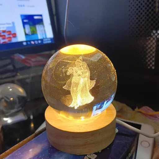 3D Radha-Krishan Print Crystal Ball Night Light for Kids Glass Ball Night Lamp with Wooden Base Fantasy Decoration Crsytal Ball Saturn LED Radha Krishan Nightlight Bedroom Decor (Saturn Crystal Ball)